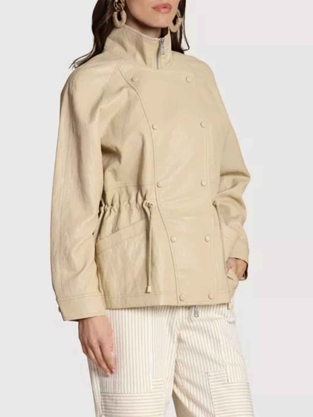 Avec Les Filles Funnel Neck Faux-Ever Leather Anorak Jacket Ochre Womens M NWT - Picture 2 of 16
